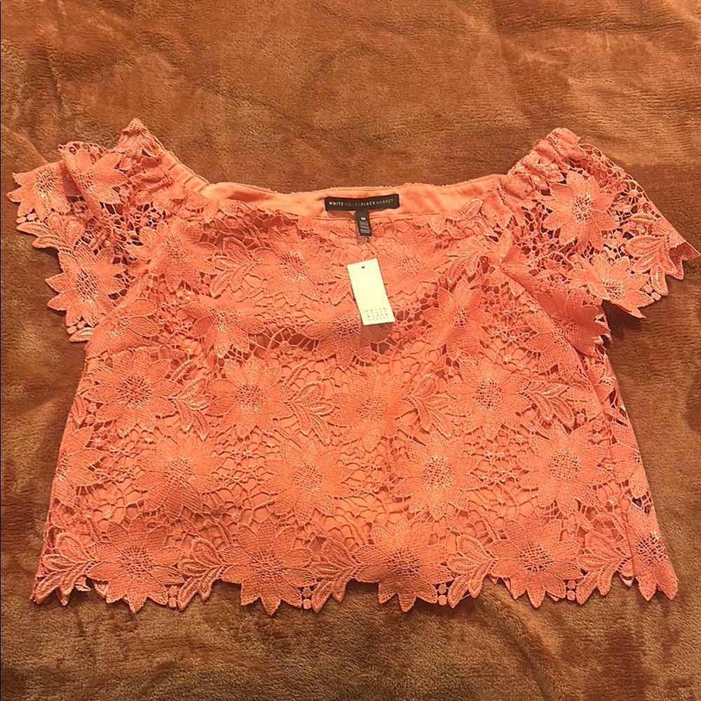 White House Black Market Coral Lace Off-Shoulder Crop Top